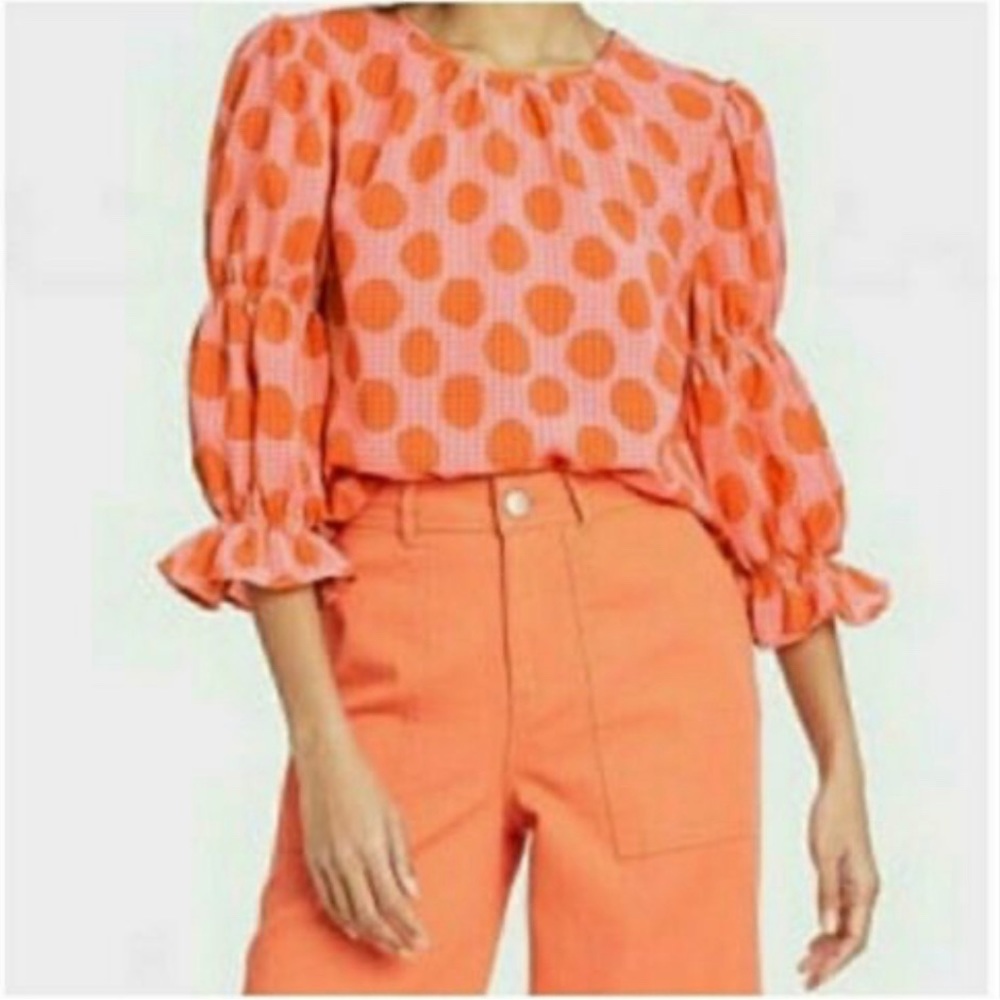 Who What Wear Orange and Pink Polkadot Top Size S